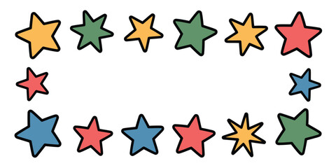 Obraz premium A frame of colorful cartoon stars with black outlines on a white background creating an empty space