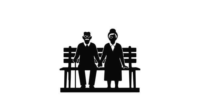 Elderly couple holding hands on a park bench, symbolizing enduring love and companionship.