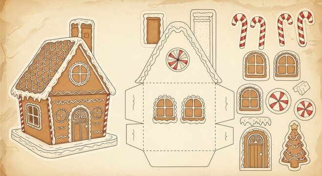 Vintage style gingerbread house template illustration for printable craft