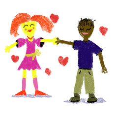 Children's digital drawing with pastels. Pastel drawing of a boy and a girl holding hands. Children's illustration of an Asian girl and a black boy. Friends, boy and girl