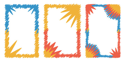 Three colorful scribble frames with jagged edges and starbursts on a white background design element