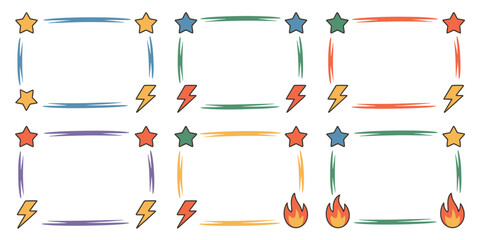 Collection of colorful frames with stars lightning bolts and flames on a white background design element