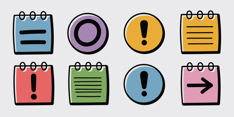 Illustration of eight colorful icons including notes circles and exclamation points on white background