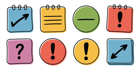 Illustration of eight colorful icons including check mark, lines, minus, and exclamation points signs