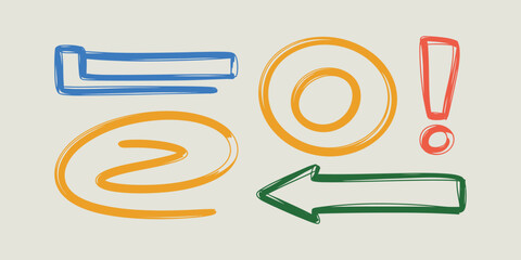 A collection of hand drawn doodle elements including an arrow an at symbol and an exclamation point