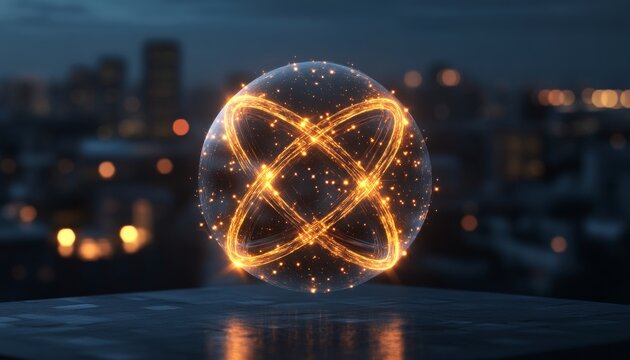 A Dynamic Atom Globe Symbolizing Atomic Energy Fusion with Particle Collisions and Electron Orbits - Powered by Adobe
