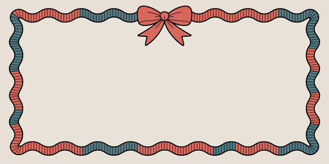 A decorative border with a wavy red and blue pattern and a red bow on a cream colored background