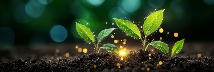 Fototapeta premium Green Seedling Emerging from Fertile Soil, Glowing in Sunlight with Dew Drops, Springtime Growth