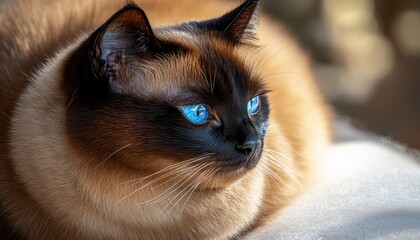 Charming Siamese Cat with Stunning Blue Eyes and Elegant Seal Point Markings, Relaxing on Plush Bed
