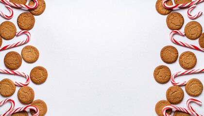 Delightful Christmas background featuring ginger cookies and candy canes framing a blank canvas for holiday greetings, festive recipes or seasonal promotions