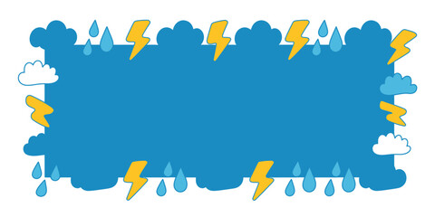 A blue rectangle bordered by clouds, raindrops, and lightning bolts on a white background weather theme