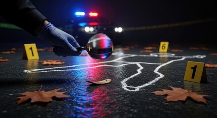 Gloved investigator thoroughly examines a dark night crime scene for criminal evidence, with a magnifying lens, chalk outline, police vehicle lights, and markers.