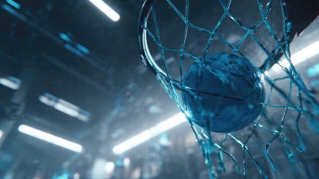 A vibrant blue basketball descends through a net, illuminated by cool, dramatic blue lights in a moody, atmospheric sports arena.