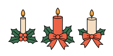 A festive arrangement of three candles adorned with holly and ribbons on a white background design art