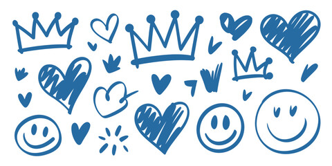 A collection of blue doodle drawings featuring crowns hearts and smiley faces on a white background art design