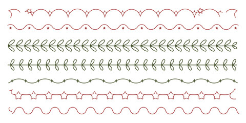 A collection of seven decorative borders featuring stars, leaves, and wavy lines on white background
