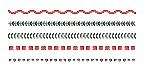 Decorative borders with wavy line, leaf sprigs, squares, and stars on a white background design element