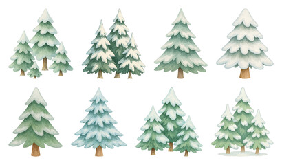Fototapeta premium PNG Snowy watercolor pine trees illustration, element set on transparent background
