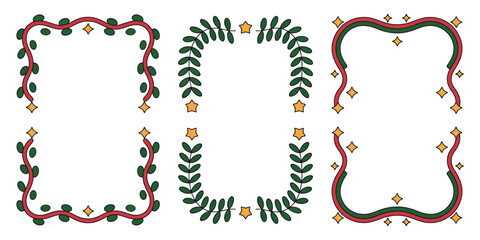 A collection of six decorative frames with leaves, ribbons, and star accents on a white background