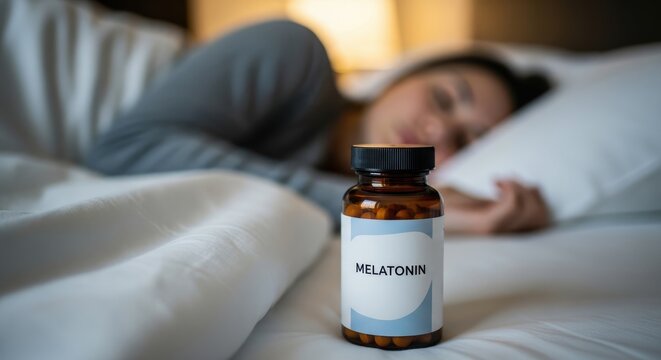 Melatonin supplement bottle stands on clean white bedding beside a peaceful person deeply sleeping in a cozy dark bedroom for natural restful health.