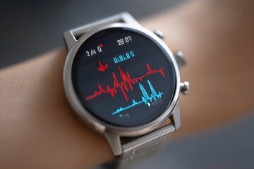 Smartwatch displaying heart rate data with vibrant red and blue lines on a wrist during workout session at gym