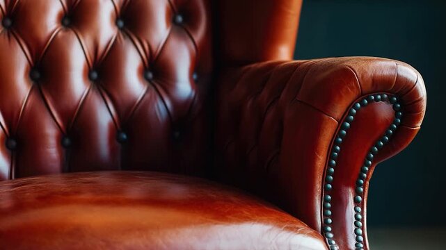 Video A comfortable-looking armchair with a brown leather exterior and metal studs on the arms