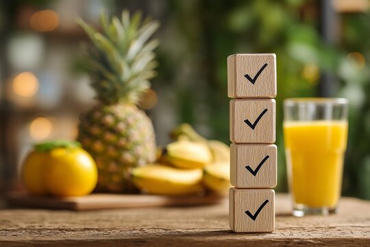 Wooden blocks with check marks placed next to fresh fruits and a glass of juice in a vibrant kitchen setting