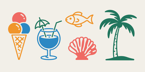 A colorful illustration featuring summer themed icons including ice cream cocktail fish seashell and palm tree