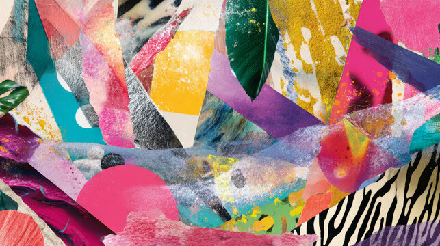 Colorful abstract grunge collage creating a vibrant contemporary background with ripped paper textures, diverse patterns, and dynamic forms in mixed media art - Powered by Adobe