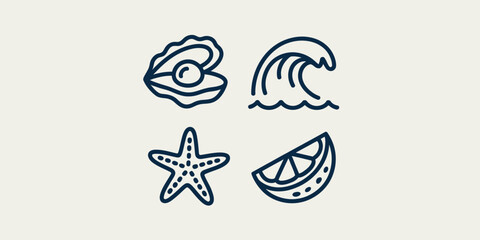 Illustration of an oyster with a pearl, wave, starfish, and lemon slice in a simple line drawing