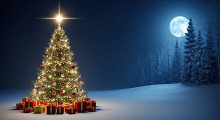 Christmas tree with star and gifts in snowy moonlit forest