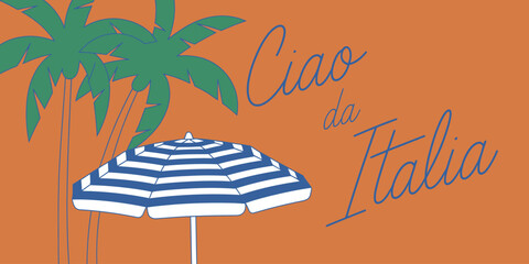 Illustration of palm trees and umbrella with ciao da italia text on orange background