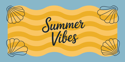 Summer vibes text with yellow wavy background and four seashells on a light blue background design