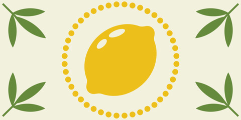 A simple illustration of a yellow lemon surrounded by dots and green leaves on a cream background