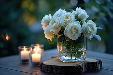 Elegant white roses in a glass vase with soft candlelight on a rustic wooden table at dusk