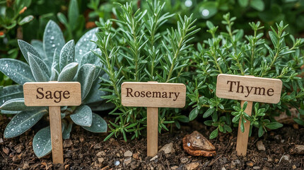 Three wooden plant markers label Sage, Rosemary, and Thyme plants growing in a garden. The herbs are lush and green, with water droplets on the leaves.