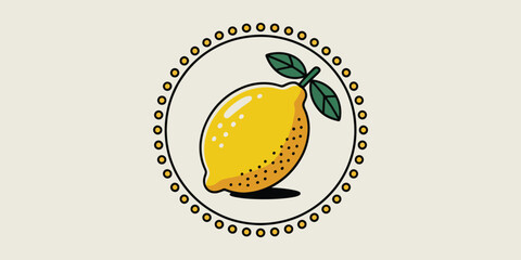 A stylized illustration of a lemon with leaves inside a dotted circle on a light background