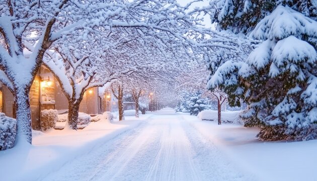 A Serene Winter Wonderland Snow-Covered Alleyway Framed by Majestic Trees and Gentle Sunlight - Powered by Adobe
