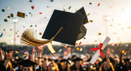 Graduation cap flying high with a rolled degree and bright confetti raining down. Cheering students celebrate academic success and a future beginning.