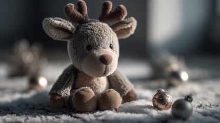 Cute stuffed reindeer toy placed on snowy surface with minimal holiday decor and soft winter light background