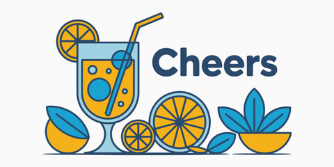 A stylized illustration of a glass of orange juice with the word cheers next to it and fruit around it