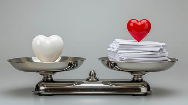 A metal balance scale contrasts a single white heart on one side with a stack of white envelopes topped by a red heart on the other, illustrating a metaphorical weight. - Powered by Adobe