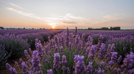 Fototapeta premium A stunning sunset over a vast lavender field, with bees buzzing around the fragrant purple blossoms in the foreground.
