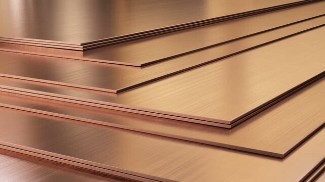 Copper sheets. Warehouse of rolled metal product, close-up. Copper sheets arranged in layers showcasing their shiny surface and smooth texture in a well-lit workshop space. 3d  