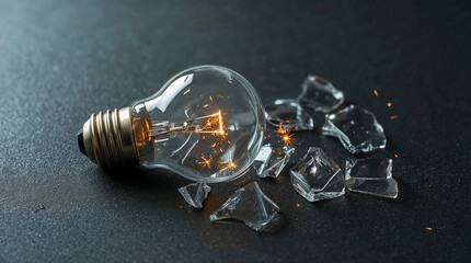 A broken light bulb with its filament glowing brightly, surrounded by scattered glass shards and sparks on a dark textured surface.