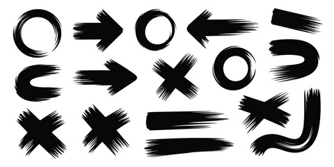 A collection of black brush stroke shapes including circles arrows x marks and curved lines on white