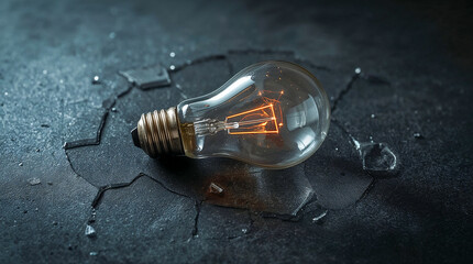 A broken light bulb lies on a dark, cracked surface with shattered glass fragments scattered around.