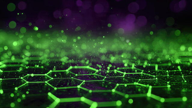 Abstract green hexagonal network structure glows on dark. Particles and bokeh lights create a futuristic, scientific, technological, and vibrant digital data landscape.