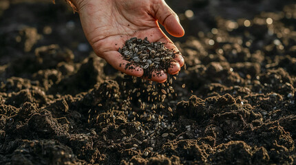 A hand sows seeds into fertile soil, symbolizing growth, agriculture, and the start of a new season. The warm sunlight highlights the texture of the earth and seeds.