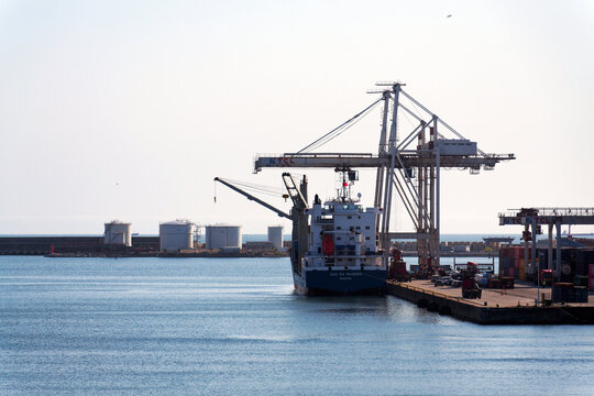 Ships and cranes at the Yilport Terminal Contentores de Leixoes on July 13, 2025 in Matoshinos, Portugal.